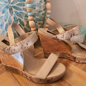 WHBM GRETA Snakeskin Cork Wedge Heels